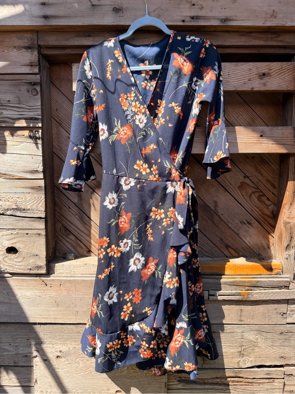 Navy Floral Wrap Midi Dress with Orange Blooms